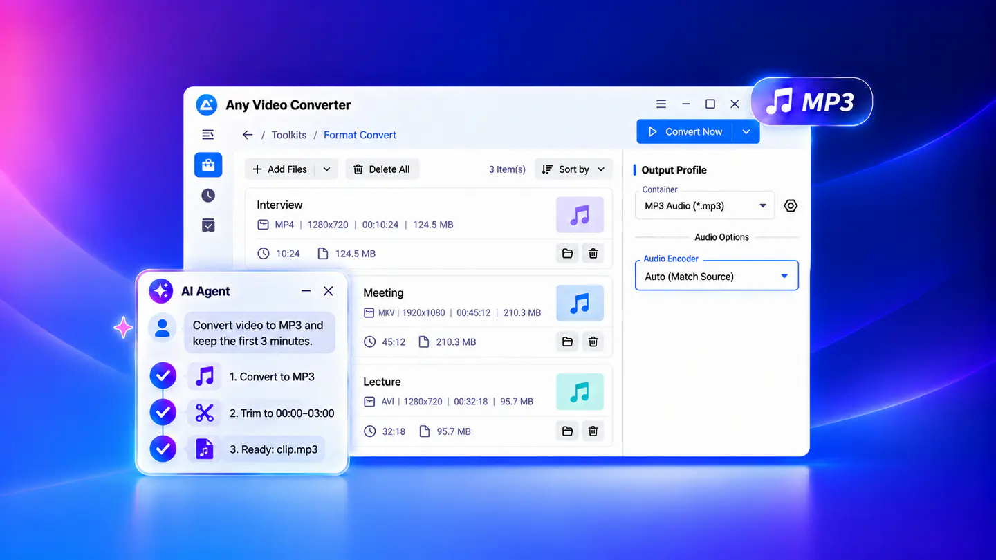 desktop MP3 converter with batch conversion, audio settings, and AI Agent assistance