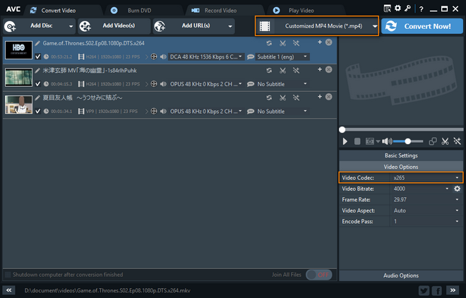 convert any video file to h.265 format