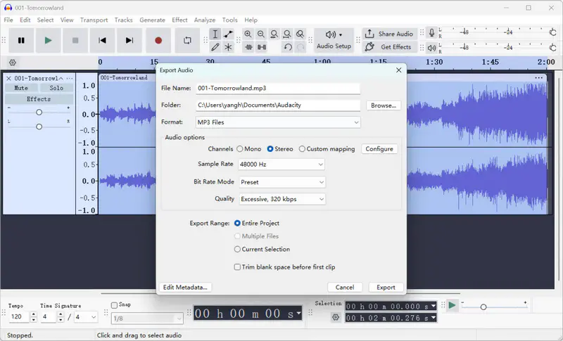 setup mp3 output in audacity